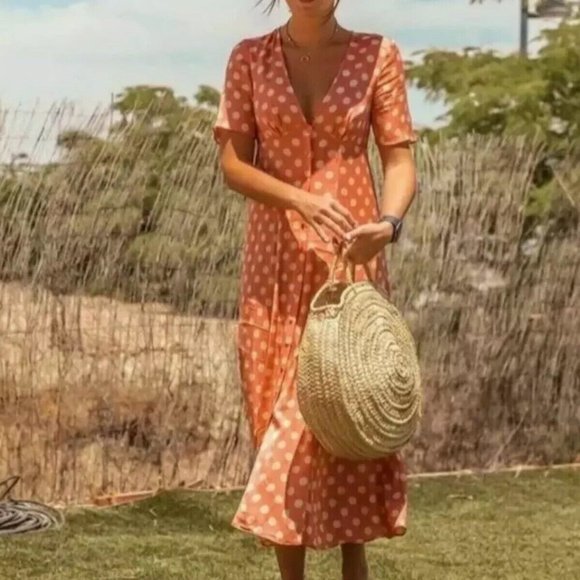Zara Orange/Yellow Polka Dot Maxi Dress Button Front Short Sleeves Small - Picture 3 of 4